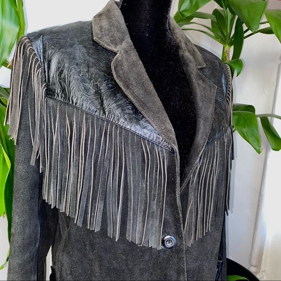 Wilson’s Black Suede Tooled Leather Fringe Jacket - Picture 4 of 8
